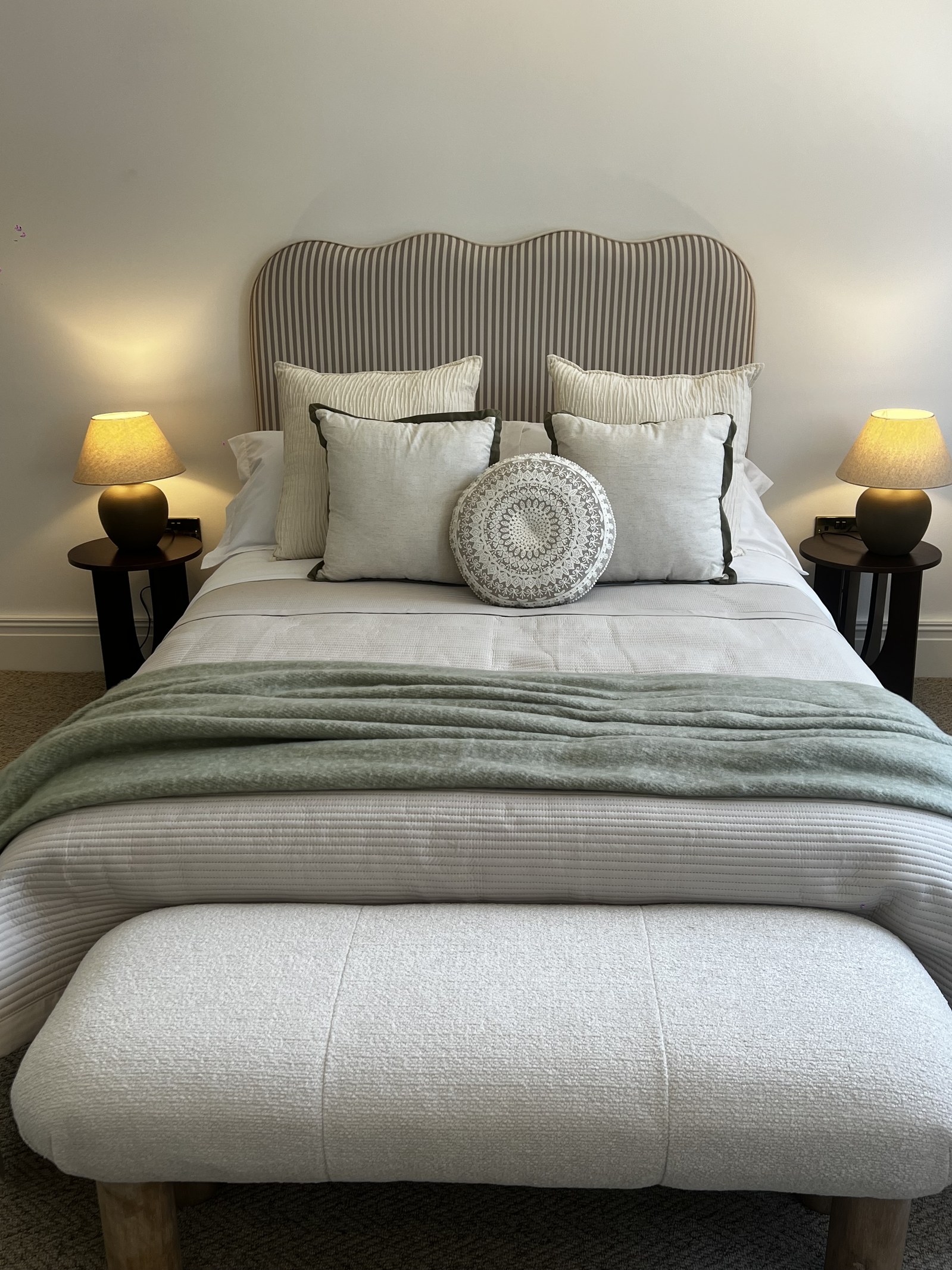 Styled bedroom in the show apartment, listed building conversion in Alton, staged by Aire Interiors