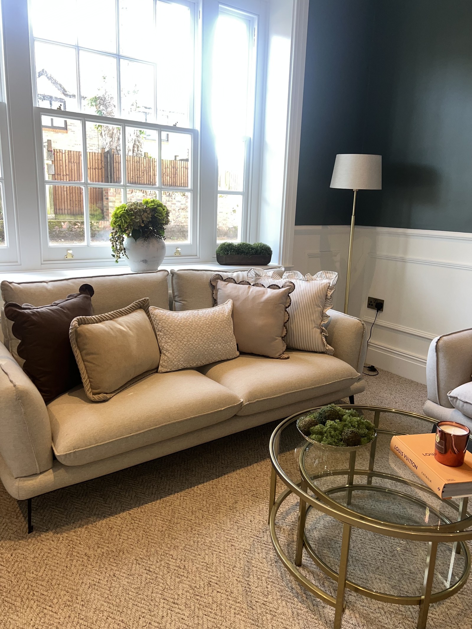 Living room seating area in the show apartment, listed building conversion in Alton, staged by Aire Interiors