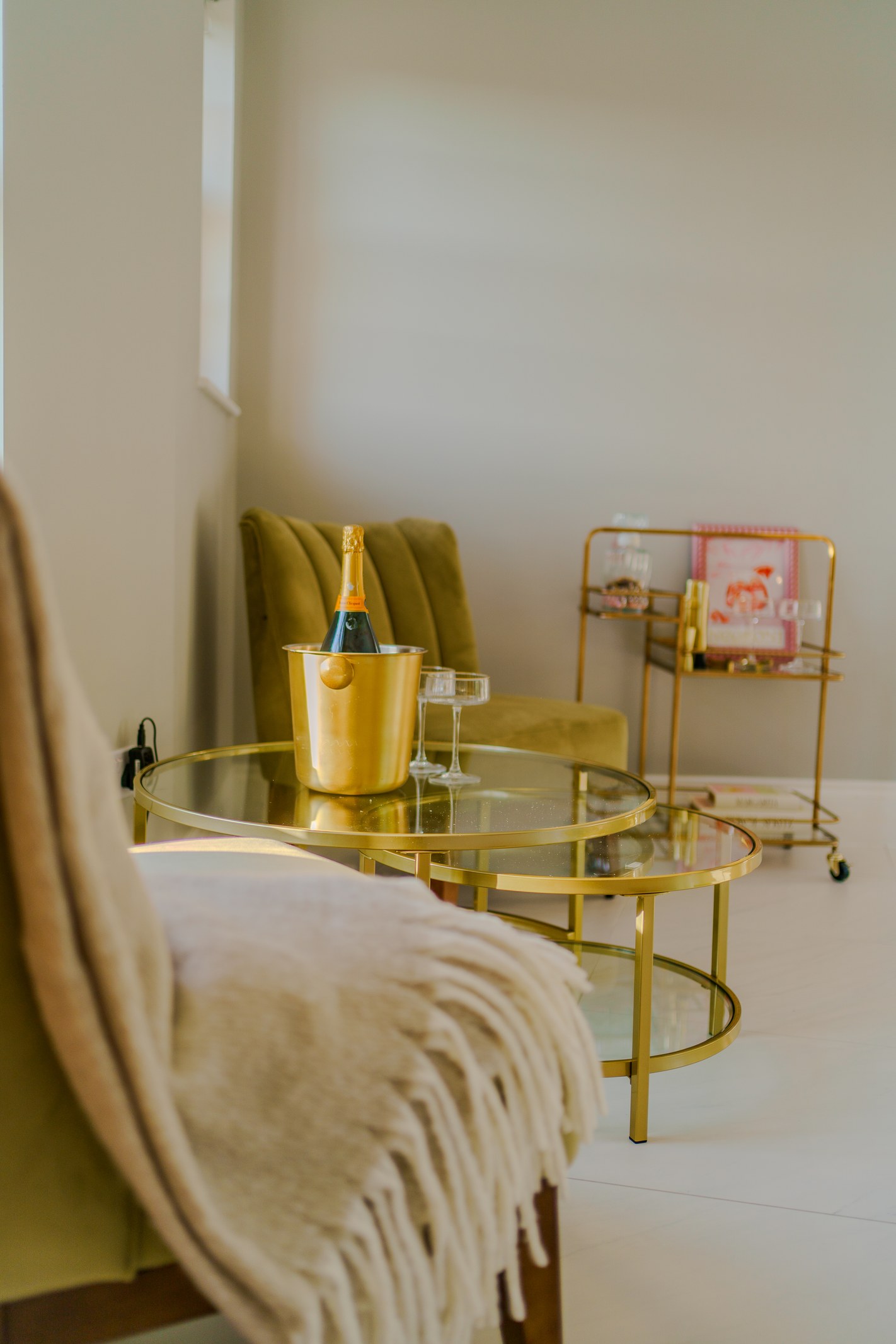 Styled bar cart and seating area, Skylark Golf and Country Club estate, Whiteley, staged by Aire Interiors
