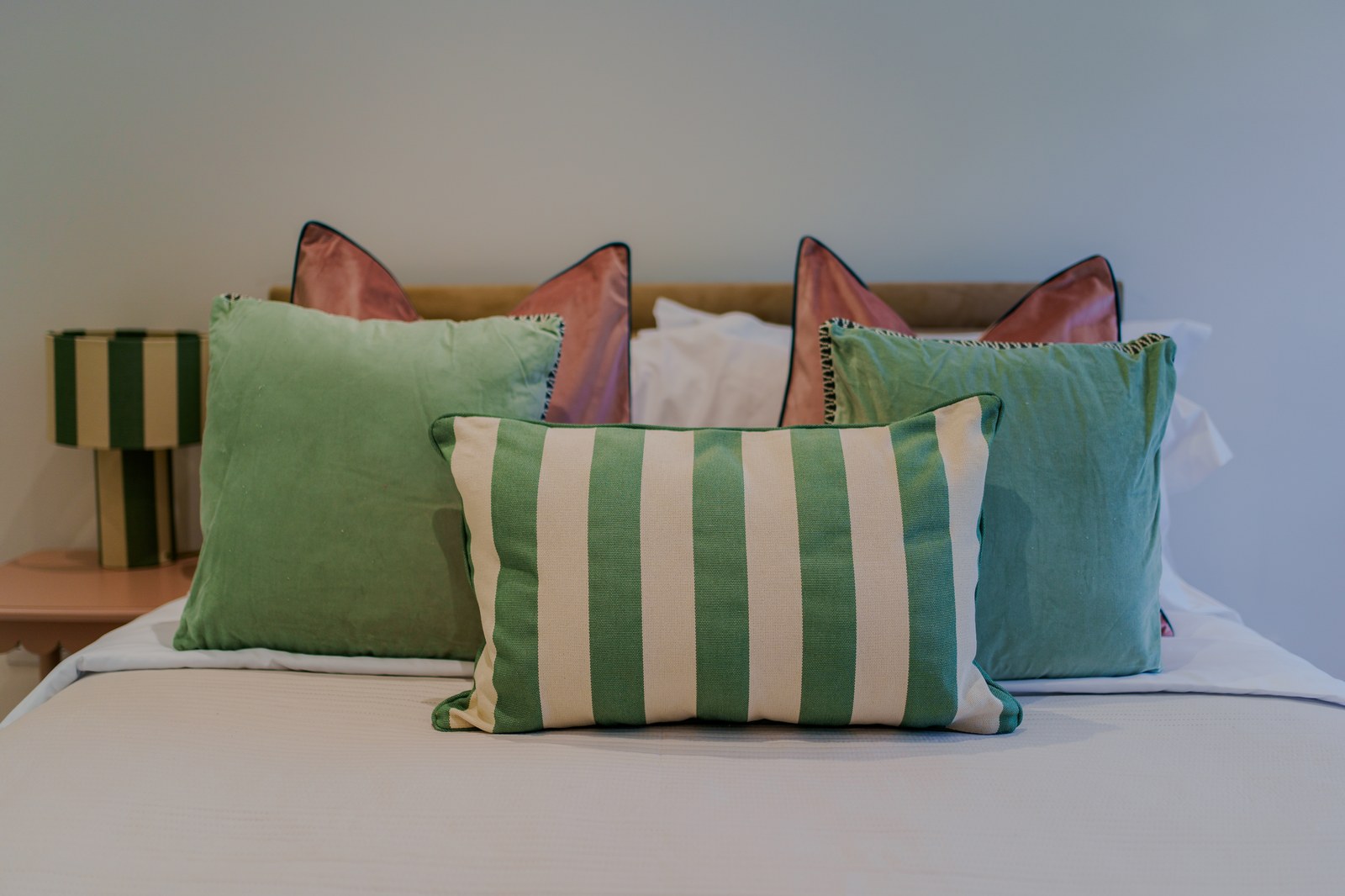 Bedroom styling detail, cushions and soft furnishings, Skylark Golf and Country Club estate, Whiteley, staged by Aire Interiors